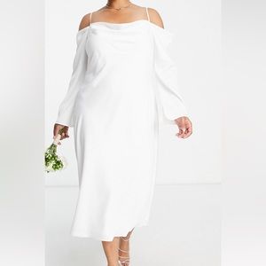 White cold shoulder cowl neck midi dress